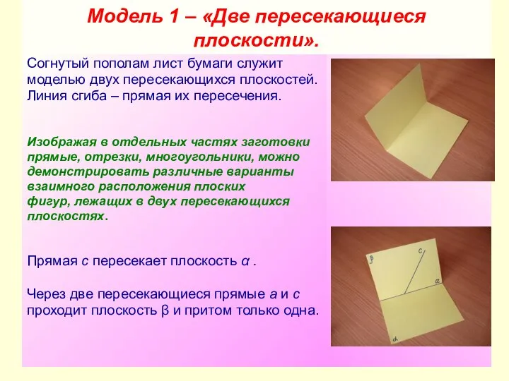 Модель 1 – «Две пересекающиеся плоскости». Согнутый пополам лист бумаги служит