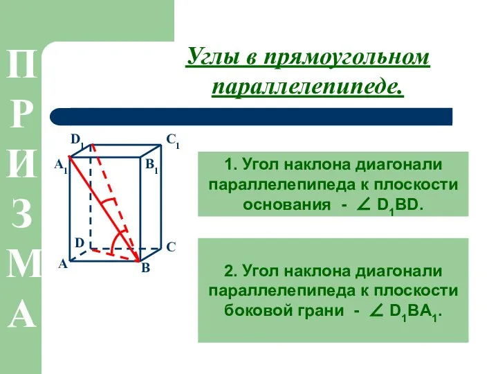 Углы в прямоугольном параллелепипеде. 1. Угол наклона диагонали параллелепипеда к плоскости