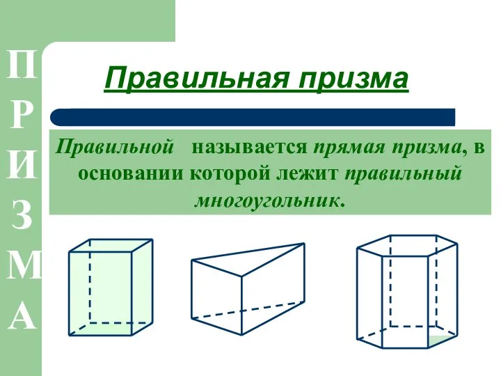 Правильная призма Правильной называется прямая призма, в основании которой лежит правильный многоугольник.