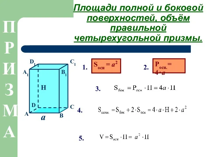 Росн.= 4⋅a Площади полной и боковой поверхностей, объём правильной четырехугольной призмы.