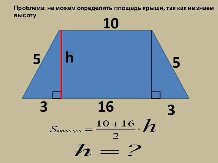 h 3 3 Проблема: не можем определить площадь крыши, так как не знаем высоту