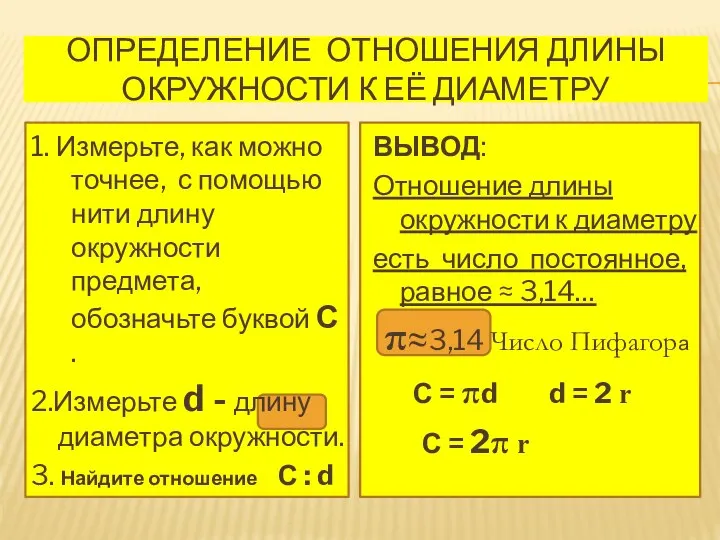 ОПРЕДЕЛЕНИЕ ОТНОШЕНИЯ ДЛИНЫ ОКРУЖНОСТИ К ЕЁ ДИАМЕТРУ 1. Измерьте, как можно