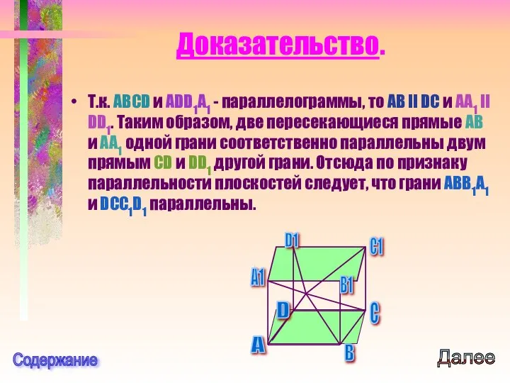 Доказательство. Т.к. ABCD и ADD1A1 - параллелограммы, то AB II DC