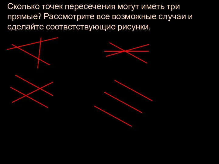 Сколько точек пересечения могут иметь три прямые? Рассмотрите все возможные случаи и сделайте соответствующие рисунки.