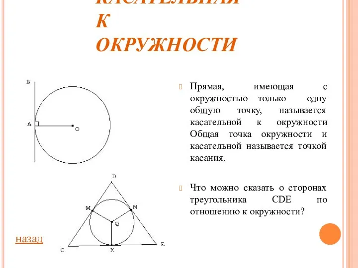 КАСАТЕЛЬНАЯ К ОКРУЖНОСТИ Прямая, имеющая с окружностью только одну общую точку,