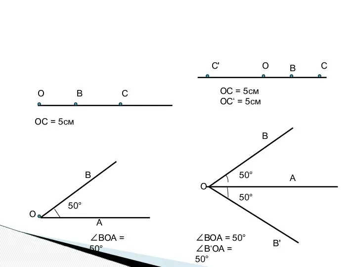 О В С ОС = 5см В О А 50° ∠ВОА