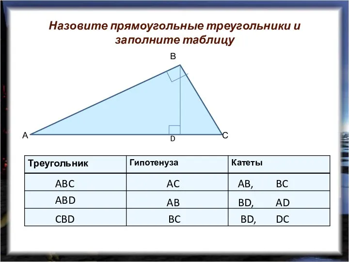 Назовите прямоугольные треугольники и заполните таблицу ABC ABD CBD AC AB