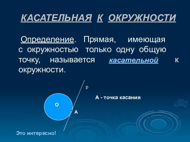 КАСАТЕЛЬНАЯ К ОКРУЖНОСТИ Определение. Прямая, имеющая с окружностью только одну общую