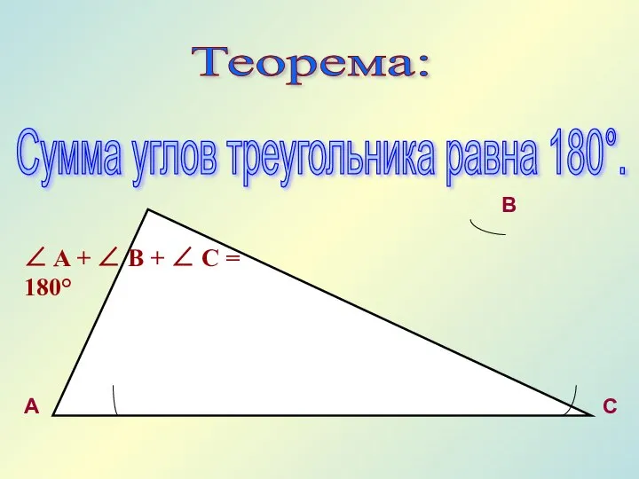 Сумма углов треугольника равна 180°. Теорема: A B C ∠ A