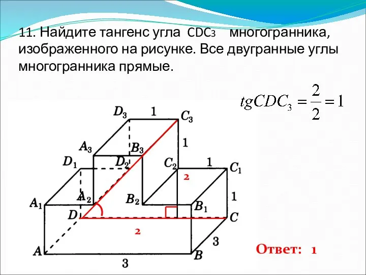 11. Найдите тангенс угла CDC3 многогранника, изображенного на рисунке. Все двугранные