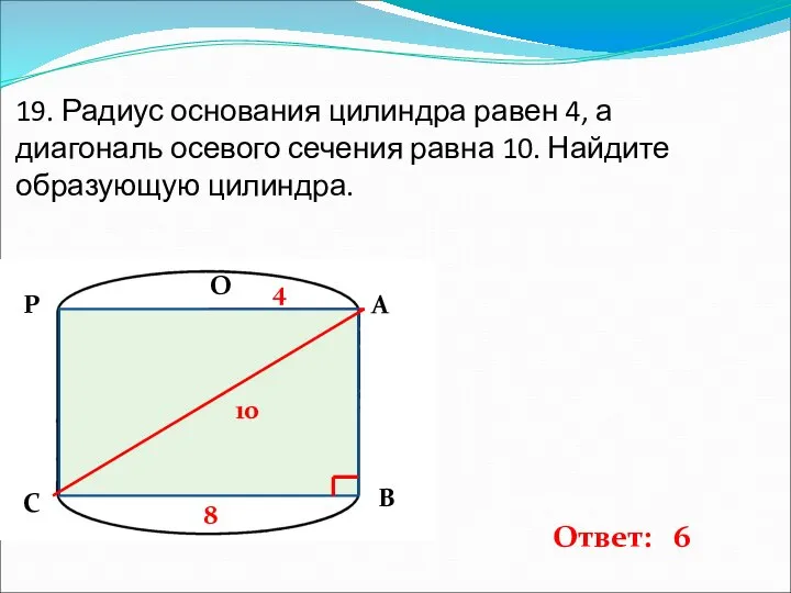 19. Радиус основания цилиндра равен 4, а диагональ осевого сечения равна