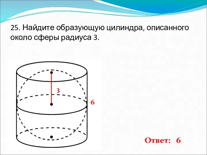 25. Найдите образующую цилиндра, описанного около сферы радиуса 3. 3 6 Ответ: 6