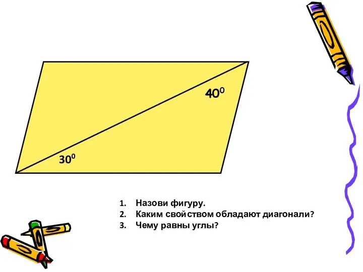 Назови фигуру. Каким свойством обладают диагонали? Чему равны углы? 300 400