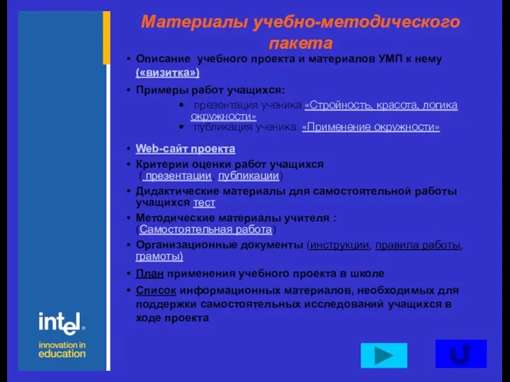 Материалы учебно-методического пакета Описание учебного проекта и материалов УМП к нему