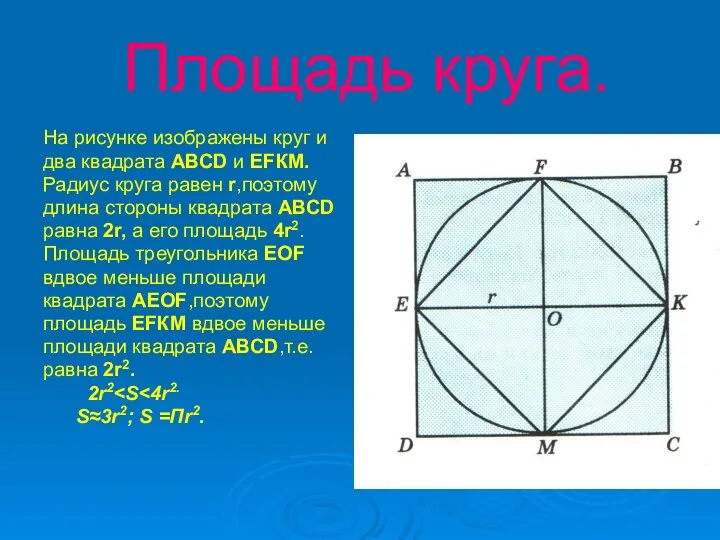 Площадь круга. На рисунке изображены круг и два квадрата АВСD и