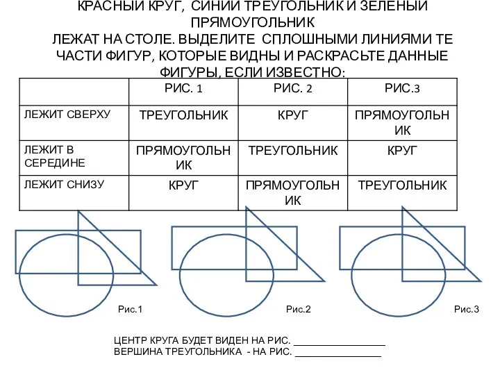 КРАСНЫЙ КРУГ, СИНИЙ ТРЕУГОЛЬНИК И ЗЕЛЕНЫЙ ПРЯМОУГОЛЬНИК ЛЕЖАТ НА СТОЛЕ. ВЫДЕЛИТЕ