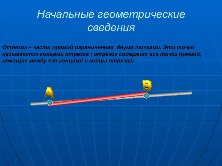 Начальные геометрические сведения Отрезок – часть прямой ограниченная двумя точками. Эти