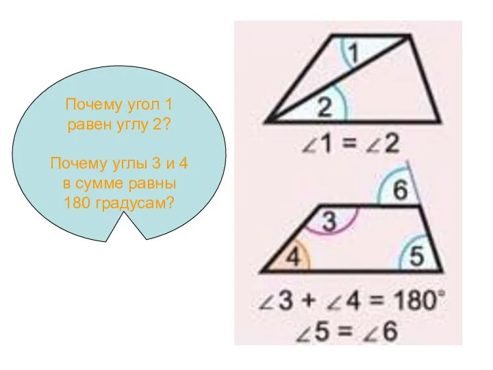 Почему угол 1 равен углу 2? Почему углы 3 и 4 в сумме равны 180 градусам?