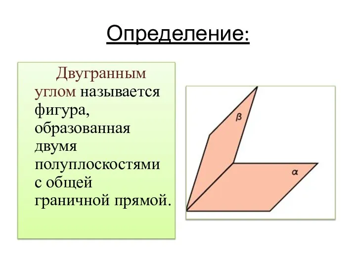 Определение: Двугранным углом называется фигура, образованная двумя полуплоскостями с общей граничной прямой.