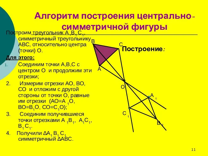 Алгоритм построения центрально-симметричной фигуры Построим треугольник А 1В1 С1, симметричный треугольнику