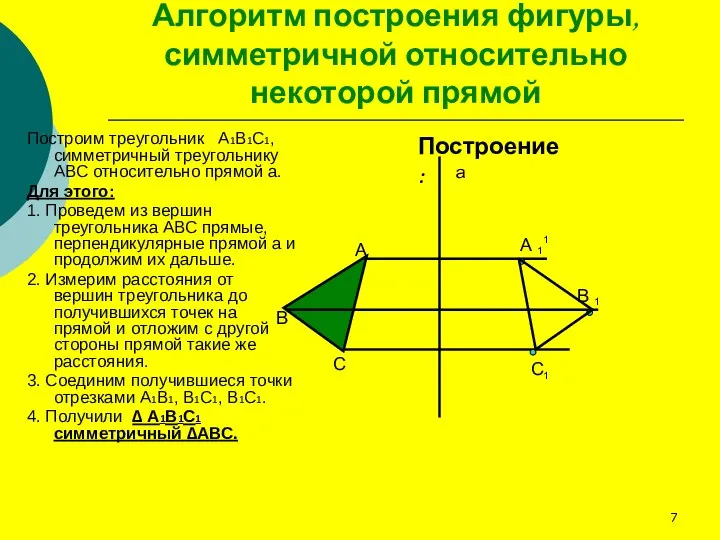 Алгоритм построения фигуры, симметричной относительно некоторой прямой Построим треугольник А1В1С1, симметричный