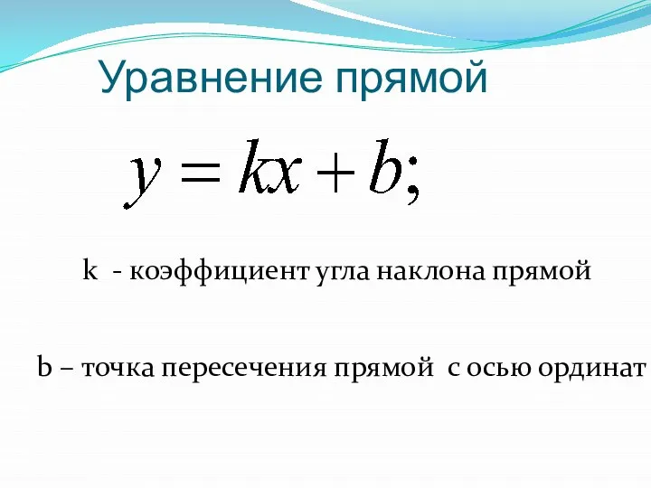 Уравнение прямой k - коэффициент угла наклона прямой b – точка пересечения прямой с осью ординат