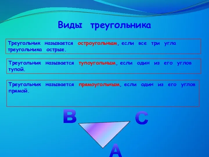 Виды треугольника Треугольник называется остроугольным, если все три угла треугольника острые.