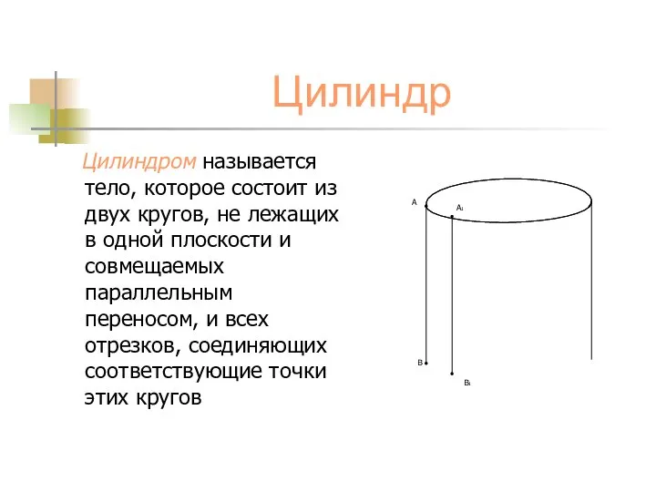 Цилиндр Цилиндром называется тело, которое состоит из двух кругов, не лежащих