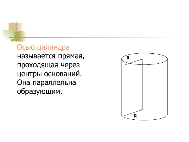 Осью цилиндра называется прямая, проходящая через центры оснований. Она параллельна образующим. R R