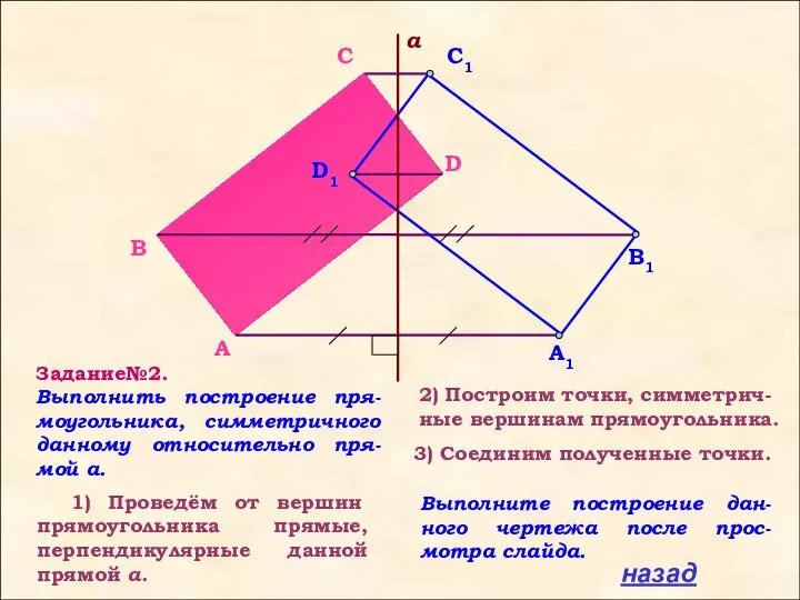 Задание№2. Выполнить построение пря-моугольника, симметричного данному относительно пря-мой a. 1) Проведём