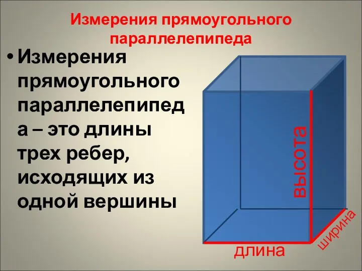 Измерения прямоугольного параллелепипеда Измерения прямоугольного параллелепипеда – это длины трех ребер,