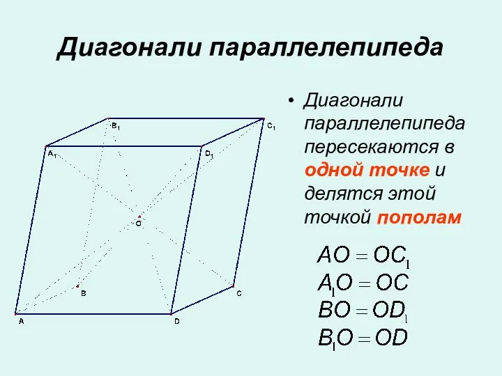 Диагонали параллелепипеда Диагонали параллелепипеда пересекаются в одной точке и делятся этой точкой пополам