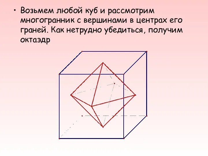 Возьмем любой куб и рассмотрим многогранник с вершинами в центрах его