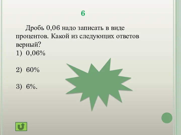 6 Дробь 0,06 надо записать в виде процентов. Какой из следующих