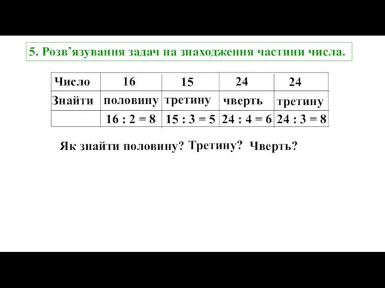 5. Розв’язування задач на знаходження частини числа. Як знайти половину? 16