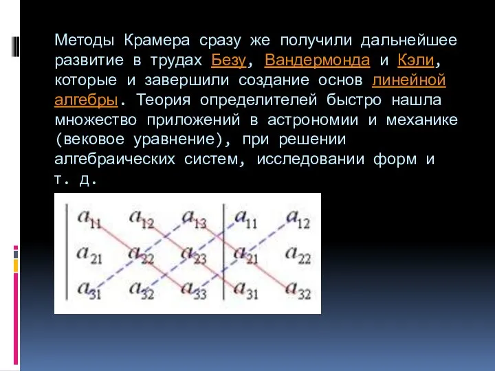 Методы Крамера сразу же получили дальнейшее развитие в трудах Безу, Вандермонда