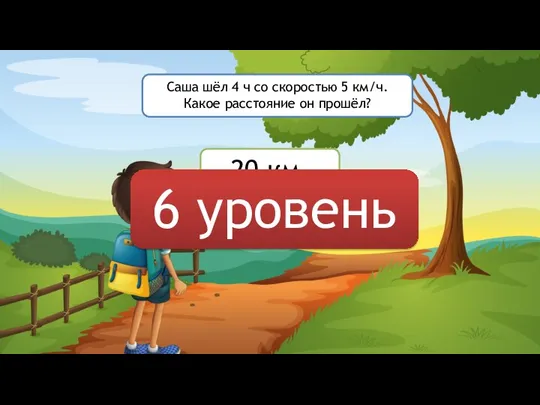 Саша шёл 4 ч со скоростью 5 км/ч. Какое расстояние он прошёл? 20 км. 6 уровень