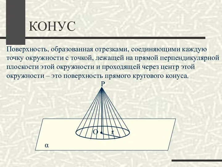 КОНУС Поверхность, образованная отрезками, соединяющими каждую точку окружности с точкой, лежащей