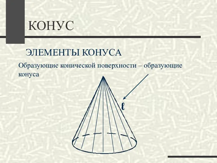 КОНУС ЭЛЕМЕНТЫ КОНУСА Образующие конической поверхности – образующие конуса ℓ