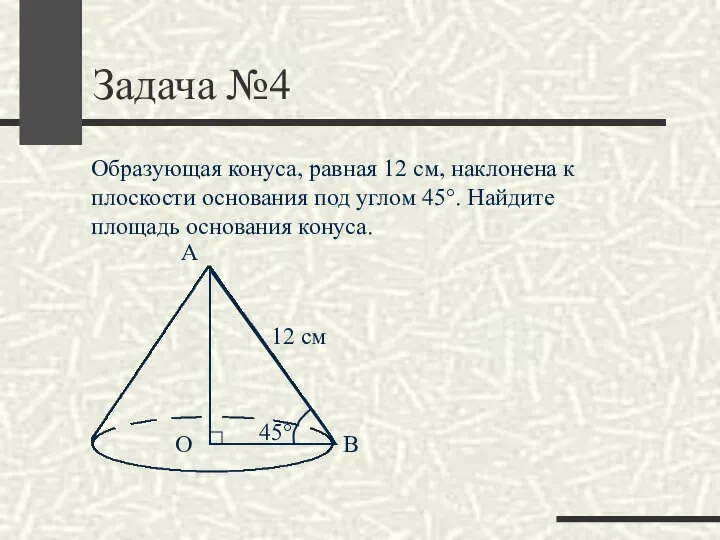 Задача №4 Образующая конуса, равная 12 см, наклонена к плоскости основания