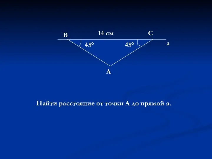 45° 45° 14 см В С А а Найти расстояние от точки А до прямой а.