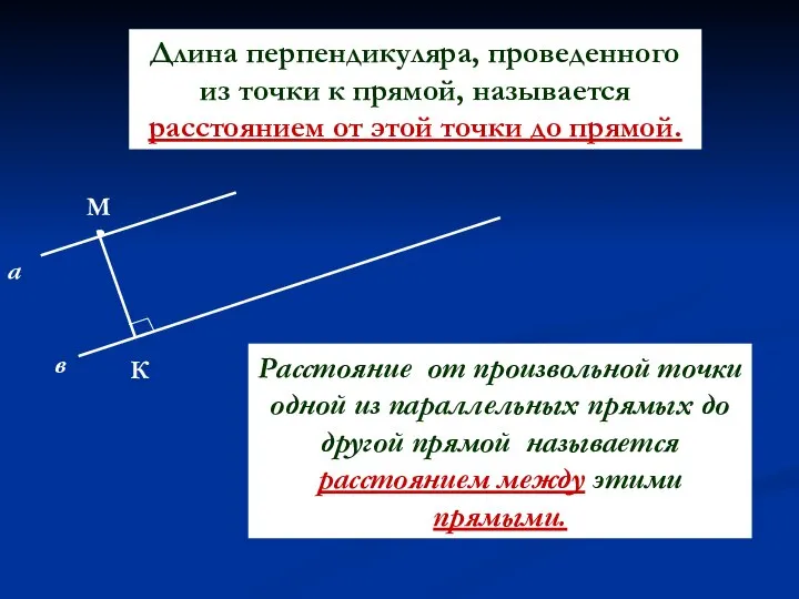 Длина перпендикуляра, проведенного из точки к прямой, называется расстоянием от этой