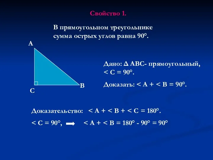В прямоугольном треугольнике сумма острых углов равна 90°. Свойство 1. Доказательство: