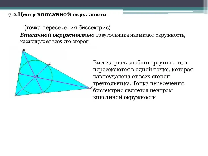 7.2.Центр вписанной окружности (точка пересечения биссектрис) Вписанной окружностью треугольника называют окружность,