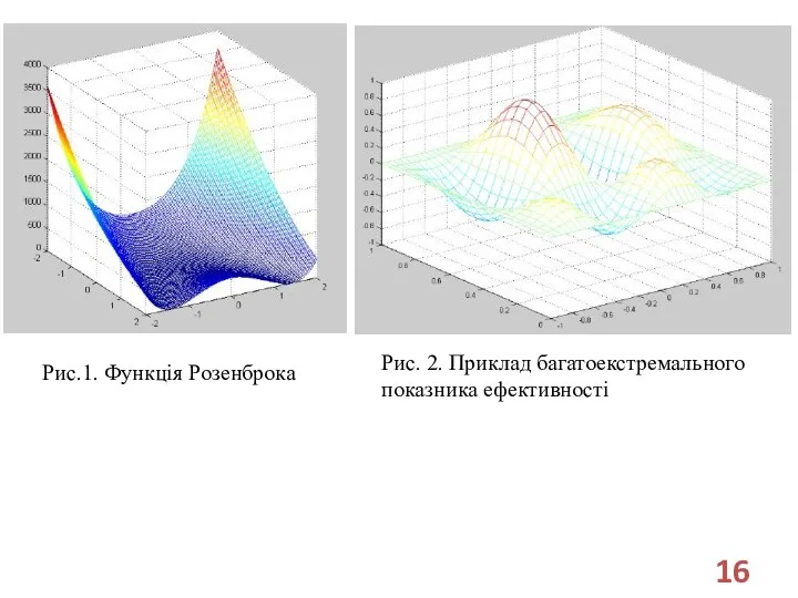 Рис.1. Функція Розенброка Рис. 2. Приклад багатоекстремального показника ефективності