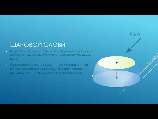 ШАРОВОЙ СЛОВЙ Шаровой слой - часть шара, ограниченная двумя параллельными плоскостями,