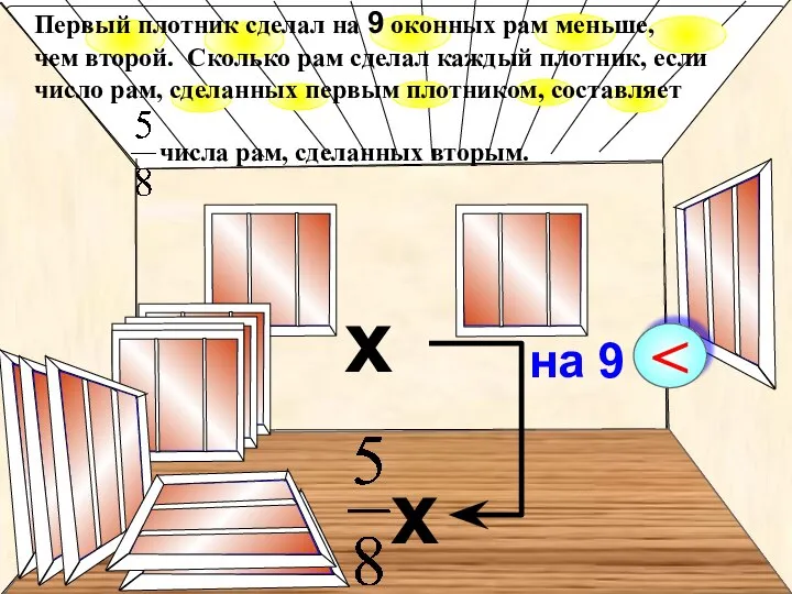 Первый плотник сделал на 9 оконных рам меньше, чем второй. Сколько