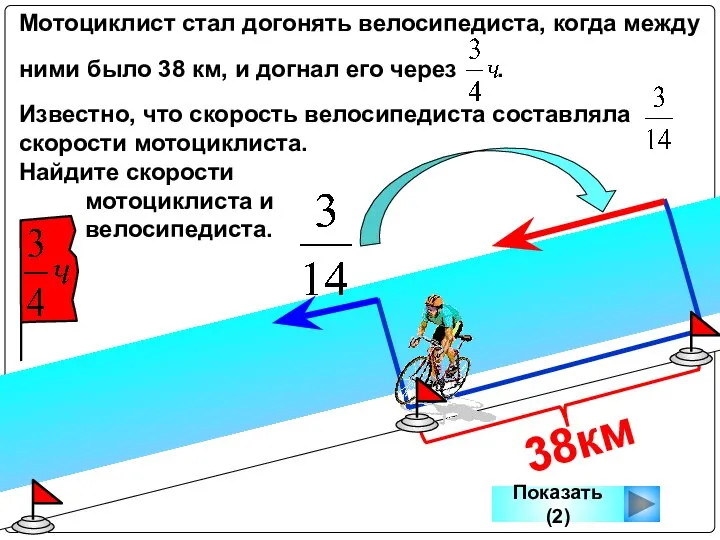 Мотоциклист стал догонять велосипедиста, когда между ними было 38 км, и