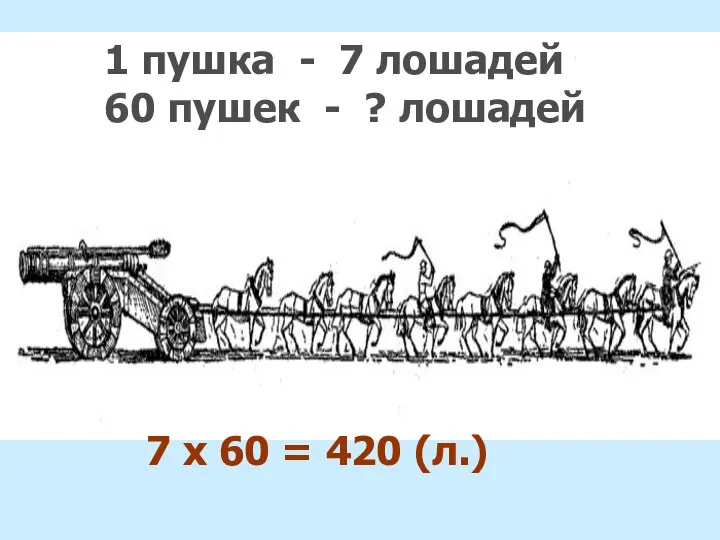 1 пушка - 7 лошадей 60 пушек - ? лошадей 7 х 60 = 420 (л.)