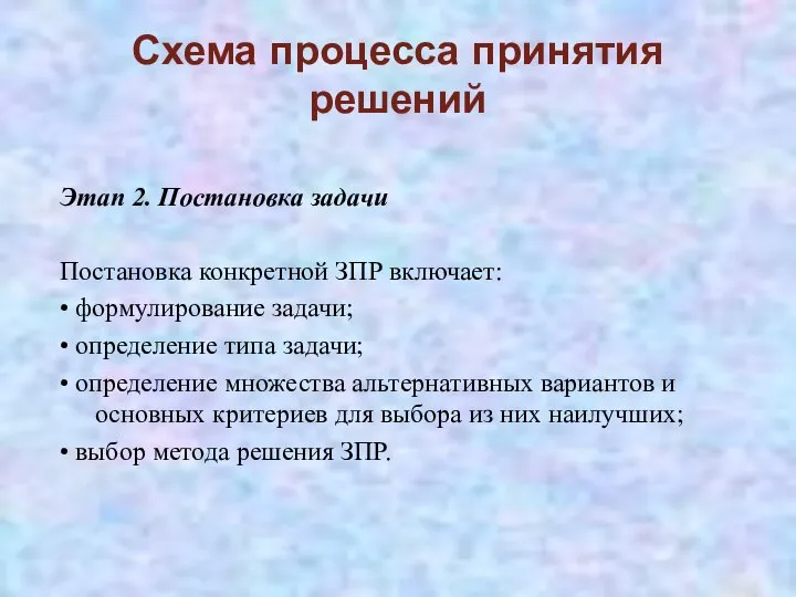 Схема процесса принятия решений Этап 2. Постановка задачи Постановка конкретной ЗПР